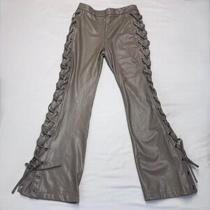 Y2K Lace Up Faux Leather Bootcut Pants Brown Moto Biker Festival NWT